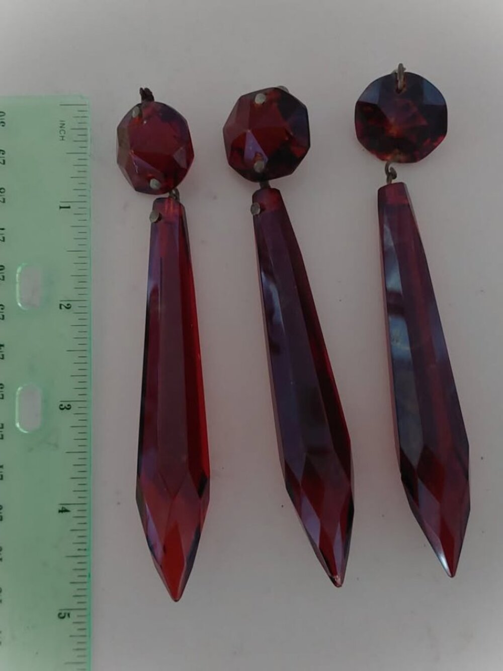 Antique Ruby Red Crystal Spear Icicle U Drop Chandelier Prisms Parts Set of 3